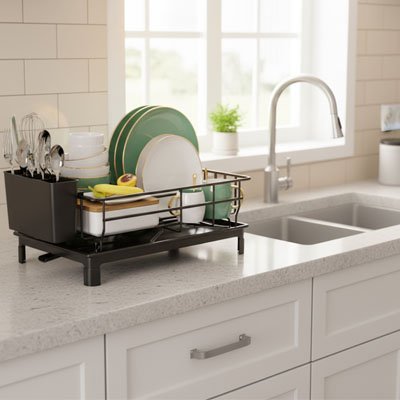 cuisine blanche avec egouttoir vaisselle et assiette verte sur comptoir blanc avec plante verte au bord fenetre