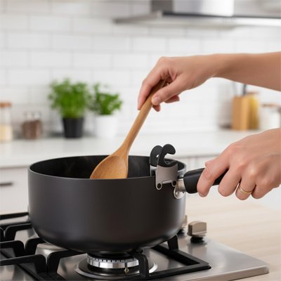 cuillere de bois dans chaudron noir et repose cuillere noir