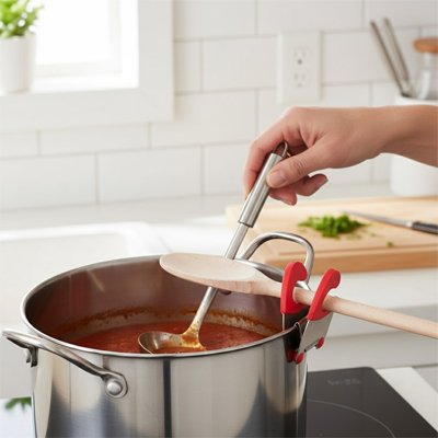 cuillere de bois sur repose cuillere rouge et chaudron inox