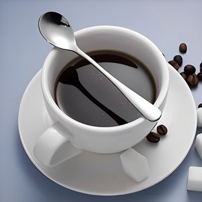 cuillere sur rebord tasse cafe blanche sucre et grains de cafe