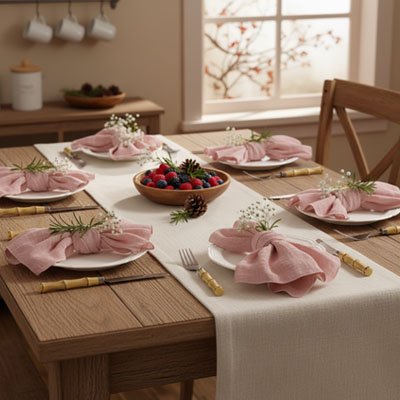 cuisine avec table en bois et serviette de table rose
