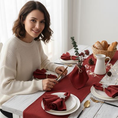 femme avec chandail blanc et serviette de table rouge fonce sur table blanche