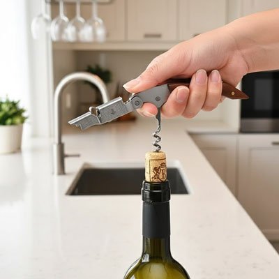 femme ouvrant bouteille de vin avec tire bouchon cuisine blanche