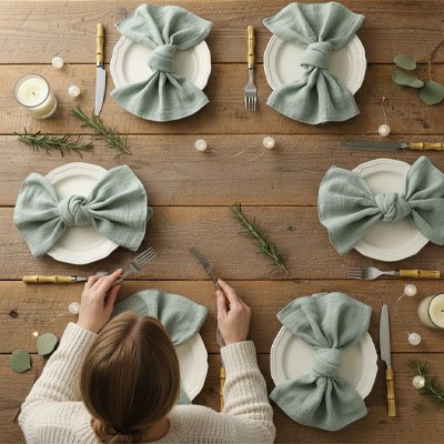 grande table en bois avec femme et serviette de table verte