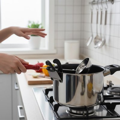 louche sur repose cuillere noir sur chaudron inox cuisine blanche et piment jaune et rouge