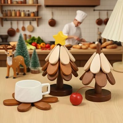 modele etoile et cerise dessous de plat sur comptoir bois et tasse blanche avec chef cuisinier derriere