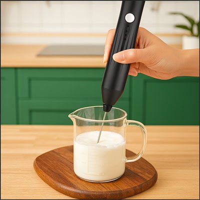 mousseur a lait automatique noir sur planche bois cuisine armoire verte