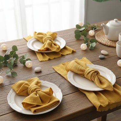 table de bois avec serviette de table jaune